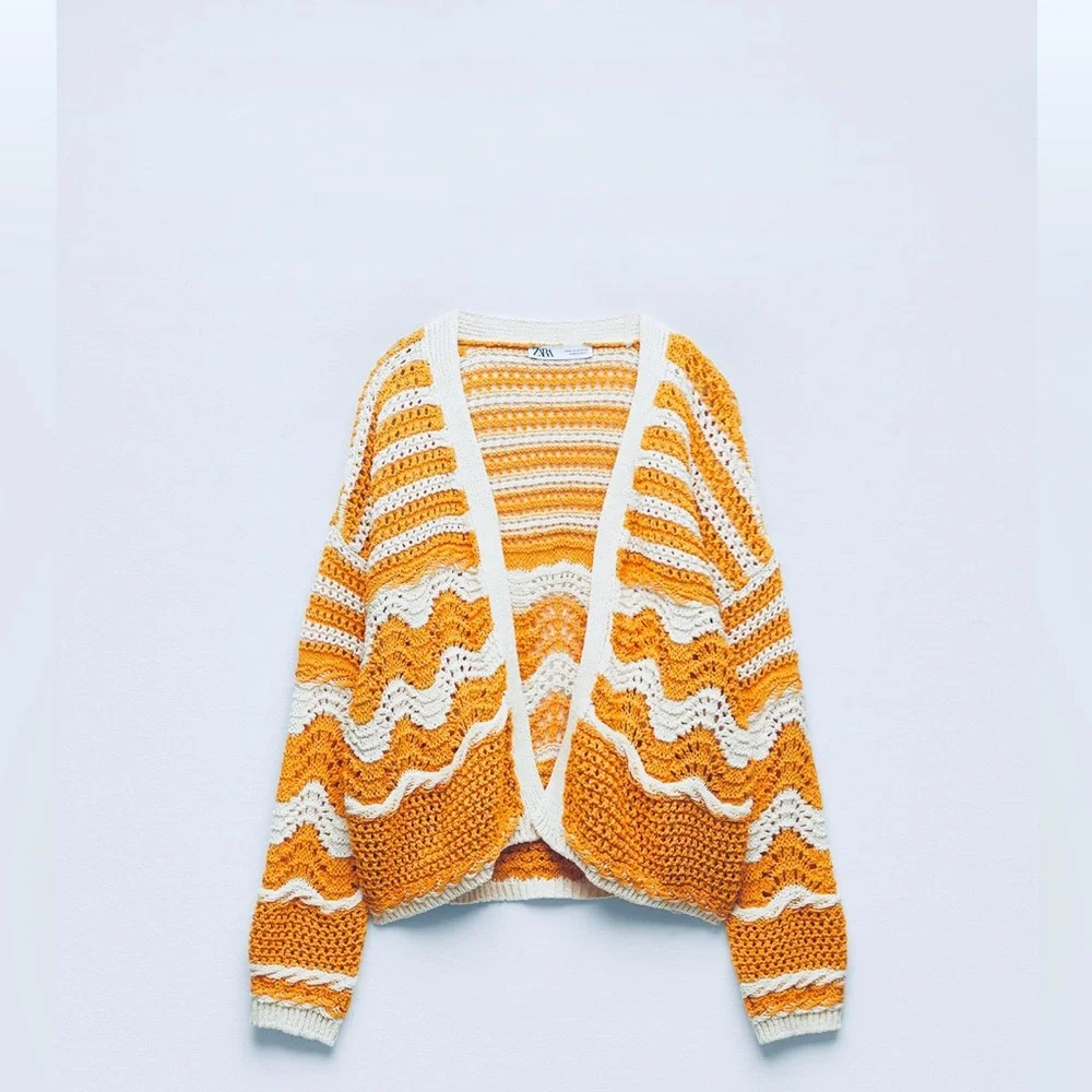 Zara open knit crochet sweater and crop top set in cream and orange size S